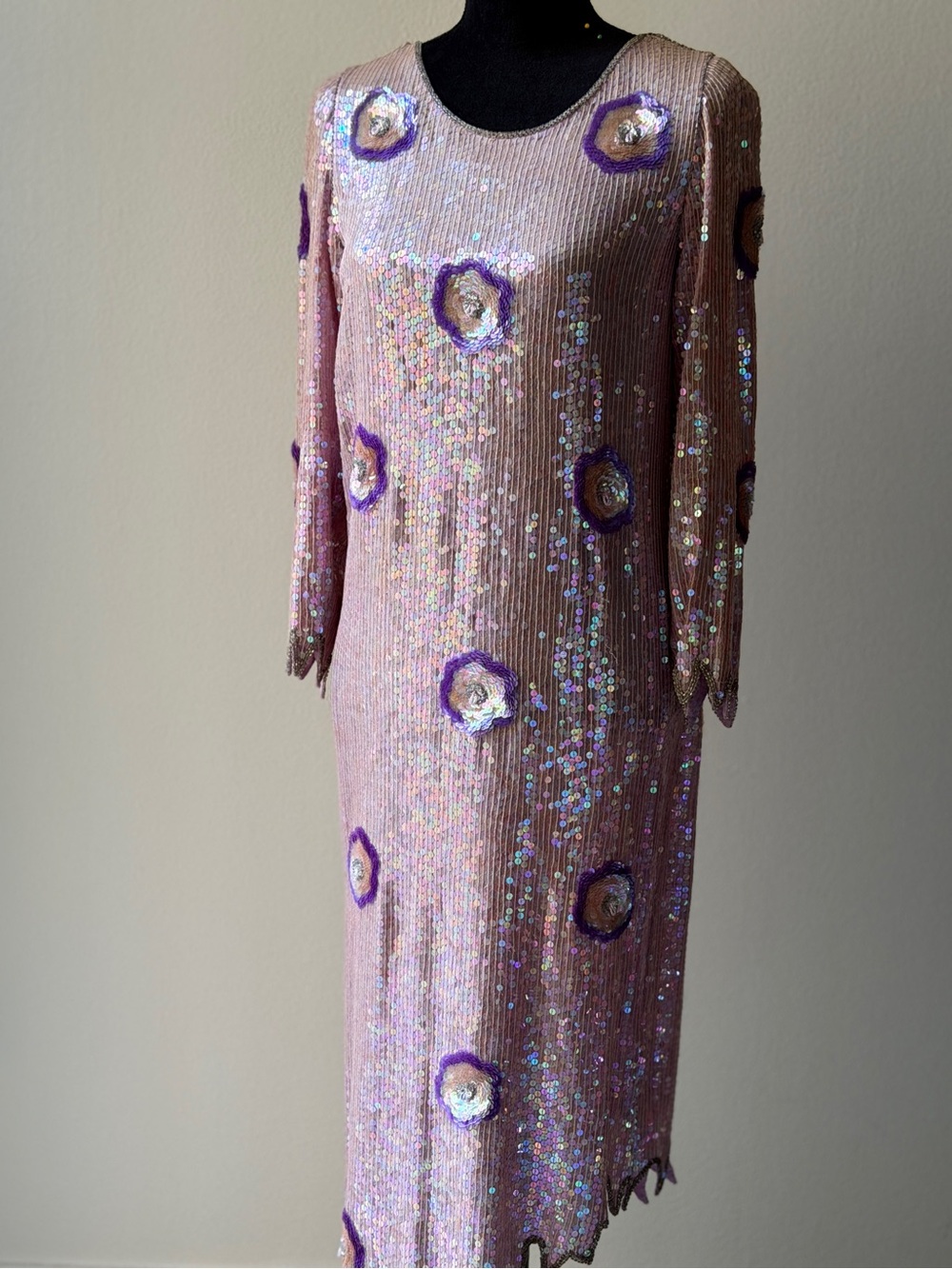 Vintage Sequin Embellished Lavender Long Sleeve Dress